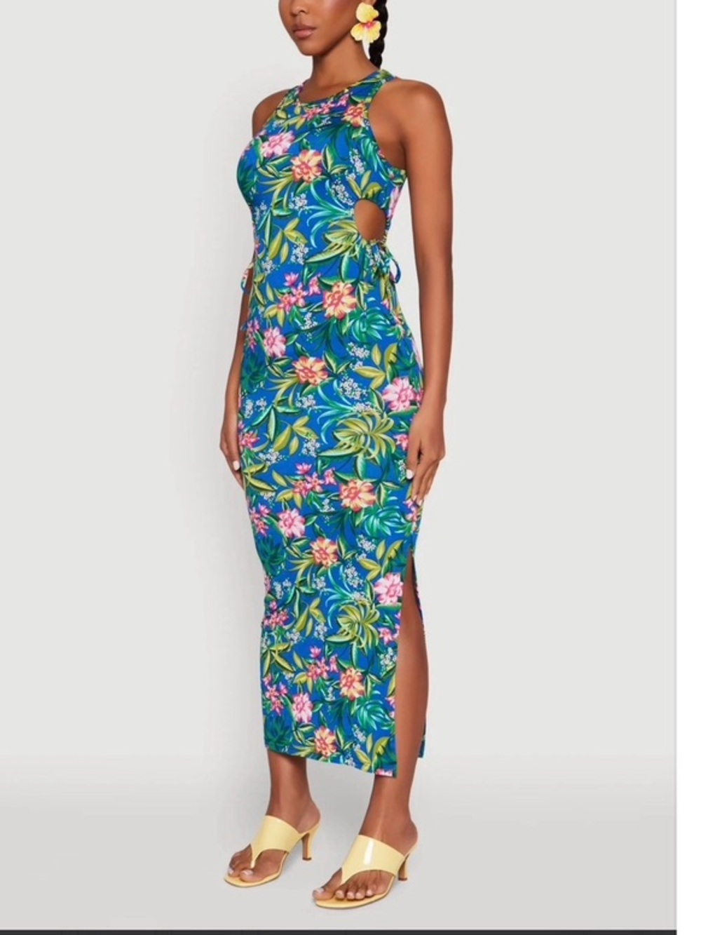Sleeveless Blue Tropical Floral Drawstring Side cut out  Dress
